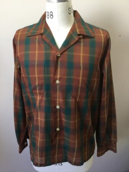 ROYAL KNIGHT, Brown, Dk Green, Mustard Yellow, Polyester, Cotton, Plaid-  Windowpane, Brown with Dark Green and Mustard Windowpane, Long Sleeve Button Front, Collar Attached, 2 Patch Pockets, 1950's