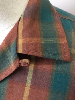 ROYAL KNIGHT, Brown, Dk Green, Mustard Yellow, Polyester, Cotton, Plaid-  Windowpane, Brown with Dark Green and Mustard Windowpane, Long Sleeve Button Front, Collar Attached, 2 Patch Pockets, 1950's