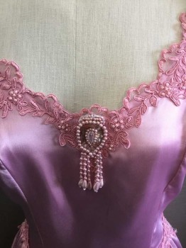 Womens, Brides Maid Dre, N/L, Mauve Pink, Polyester, Solid, Floral, W: 38, B: 44, Satin, Poofy Bubble Short Sleeves, Sweetheart Neckline, V Shape Waist with Full, Gathered Skirt, Mauve Lace Trim At Neckline, Waist and Hem, Pink Pearl Detail At Bust, Sleeves, Cream Pearls At Center Back with Large Self Fabric Bow, Hem Mid-calf,  Multiples,