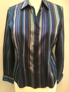 ALLISON TAYLOR, Navy Blue, Turquoise Blue, Silver, Black, Blue, Silk, Stripes - Vertical , Button Front, Long Sleeves, Collar Attached, Slits At Side Seam Hems