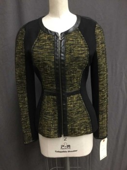 Womens, Blazer, YOANA BARASCHI, Black, Yellow, Acrylic, Polyester, 2 Color Weave, 2, Textured Woven with Black Patent Leather Trim and Solid Black Side Panels and Underarms, Zip Front, No Collar, 1/2 Zip Waist Detail On Patent Leather Waist Trim