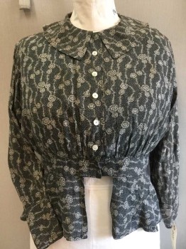 MTO, Black, Gray, Ecru, Synthetic, Floral, Tweed, BLOUSE;  Black W/ecru,gray Vertical Wiggle Lines & Floral Print, Collar Attached, 5 Button Front & Hook & Eye Bottom,  2" Waistband, Flair Bottom, 3/4 Sleeves,