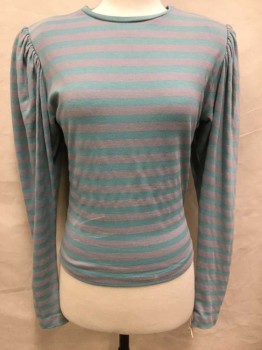 NO LABEL, Sea Foam Green, Lt Gray, Cotton, Polyester, Stripes - Horizontal , Long Sleeves, Crew Neck, Button Closure Back of Neck, Shoulder Pads, Puff Shoulder Rouching, Barcode Located on Right Shoulder Pad