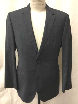 Mens, Suit, Jacket, HUGO BOSS, Dk Gray, Charcoal Gray, Wool, Spandex, Glen Plaid, Grid , 40R, Dark Gray with Charcoal Glen Plaid, Faint Charcoal Grid Pattern, Single Breasted, Notched Lapel, 2 Buttons,  3 Pockets, Black Lining