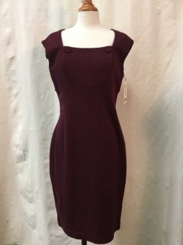 Womens, Dress, Short Sleeve, CALVIN KLEIN, Red Burgundy, Synthetic, Solid, B 36, 8, W 30, Burgundy, Square Neck with Two Buttons, Cap Sleeve