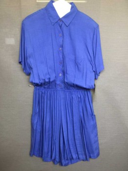 Womens, Romper, S Roberts, Periwinkle Blue, Rayon, Solid, M, Button Front, Collar Attached,  Short Sleeve, 3 Pockets, Elastic Waist,