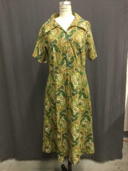 Dk Green, Lime Green, Orange, White, Poly/Cotton, Paisley/Swirls, Zip Front, Short Sleeve, with Self Belt