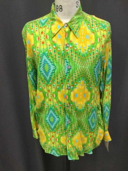 Mens, Shirt Disco, ATLANTIC COLLECTION, Green, Yellow, Red, Baby Blue, Blue, Rayon, Ovals, Diamonds, S, Long Sleeves, Button Front, Pointed Collar Attached, Silver Buttons