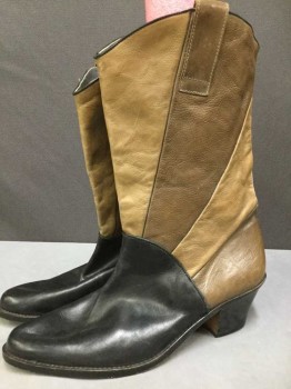 Mens, Boots, JON FRANCO PIRELLI, Lt Brown, Brown, Black, Leather, Color Blocking, 8, High Stack Heel, Mid Calf, Slightly Poined, Pull On, Narrow Black Piping, Sun ray Pattern