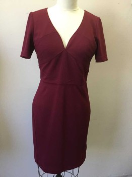 Womens, Dress, Short Sleeve, L. SPOKE, Wine Red, Polyester, Cotton, Solid, 32, 38, Self Diagonal Wine, Deep V-neck, Short Sleeves, Diagonal Seams Work Front and Back Waist, Zip Back,