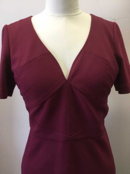 Womens, Dress, Short Sleeve, L. SPOKE, Wine Red, Polyester, Cotton, Solid, 32, 38, Self Diagonal Wine, Deep V-neck, Short Sleeves, Diagonal Seams Work Front and Back Waist, Zip Back,