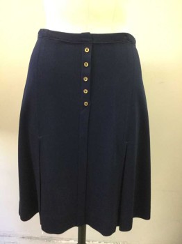 KORET OF CALIFORNIA, Navy Blue, Polyester, Solid, Elastic Waist, Knee Length, 2 Pleats at Front Thigh, Faux Gold Button Placket