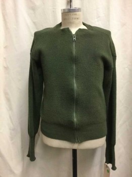 Mens, Cardigan Sweater, NL, Olive Green, Wool, Solid, M, Olive, Ribbed, Zip Front, Aged