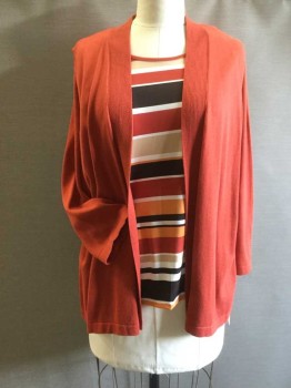 ALFRED DUNNER, Burnt Orange, Tan Brown, Espresso Brown, White, Cotton, Rayon, Solid, Stripes - Horizontal , Striped Round Neck Shell Attached to No Closure Cardigan
