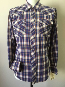 Mens, Western, CALIFORNIA RANCH WEA, Blue, White, Red, Orange, Polyester, Plaid, 35, 17, Snap Front, 2 Flap Pocket,
