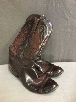 Mens, Cowboy Boots , LUCCHESE, Black, Cordovan Red, Leather, 12D, Black Leather with Cordovan Tint, Black Embroidery, 1.5" Heel, **Worn Throughout