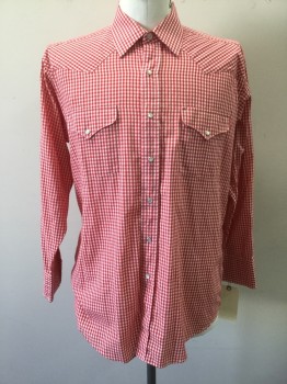 Mens, Western, SEPLERS, Red, White, Polyester, Cotton, Check , M, Pearl Snap Front, Long Sleeves, 2 Flap Pocket,