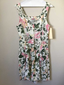 Womens, Romper, FADS, White, Pink, Green, Yellow, Gray, Cotton, Floral, M, Sleeveless, Button Front, Scoop Neck, Belt Loops (missing Belt)