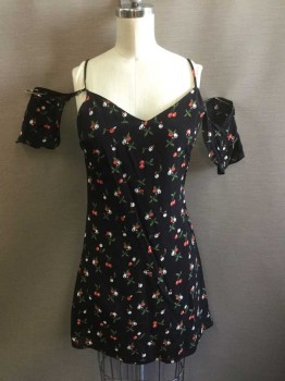 Womens, Dress, Short Sleeve, HONEY PUNCH, Black, Red, Green, White, Rayon, Novelty Pattern, XS, Black with Cherries Pattern Crepe, Spaghetti Strap with Short Off the Shoulder Sleeves, Hem Mini, Invisible Zipper at Center Back