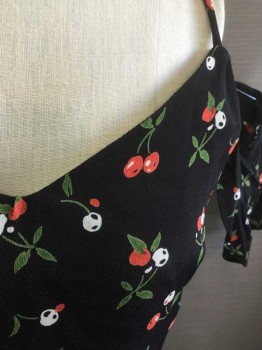 Womens, Dress, Short Sleeve, HONEY PUNCH, Black, Red, Green, White, Rayon, Novelty Pattern, XS, Black with Cherries Pattern Crepe, Spaghetti Strap with Short Off the Shoulder Sleeves, Hem Mini, Invisible Zipper at Center Back