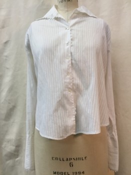 NO LABEL, White, Cotton, Stripes, Sheer White, Self Stripped, Collar Attached with Lace Trim, Button Front, Long Sleeves, French Cuffs, Has Repairs at Back of Neck & Right Hip See Detail Photo, Lace Trimmed