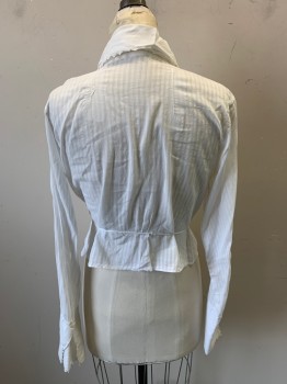 NO LABEL, White, Cotton, Stripes, Sheer White, Self Stripped, Collar Attached with Lace Trim, Button Front, Long Sleeves, French Cuffs, Has Repairs at Back of Neck & Right Hip See Detail Photo, Lace Trimmed