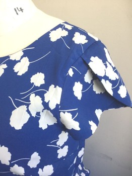 Womens, Dress, Short Sleeve, TOMMY HILFIGER, Blue, White, Polyester, Leaves/Vines , 14, Blue with White Leaves Pattern, Cap Sleeves, Scoop Neck, Single Pleat Detail at Center Front Waist, Hem Above Knee