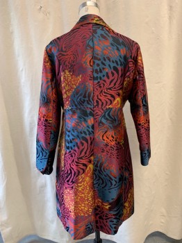 ANNE KLEIN, Magenta Purple, Teal Blue, Chartreuse Green, Polyester, Acetate, Animal Print, Collar Attached, Single Breasted, Snap Front, Concealed Buttons