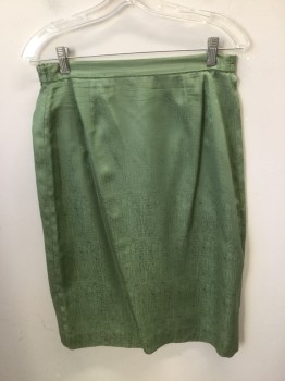 PAPELL, Sage Green, Silk, Polyester, Solid, Jacquard, Pencil Cut, Length to Knee. Zipper Center Back, Elasticated Back Waist