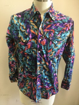 Mens, Western Shirt, WRANGLER, Purple, Mauve Pink, Red, Black, Turquoise Blue, Cotton, Novelty Pattern, 36, 16.5, Long Sleeves, 2 Pockets, Button Front, Yoke, Collar Attached, Multi-color 'Feather' Print