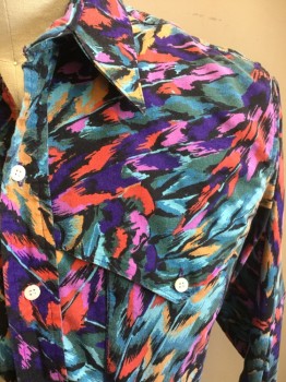Mens, Western Shirt, WRANGLER, Purple, Mauve Pink, Red, Black, Turquoise Blue, Cotton, Novelty Pattern, 36, 16.5, Long Sleeves, 2 Pockets, Button Front, Yoke, Collar Attached, Multi-color 'Feather' Print