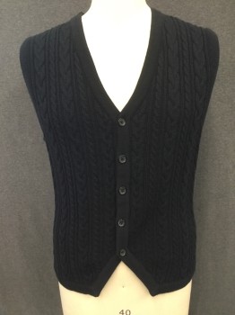 Mens, Sweater Vest, ALEX CANNON, Navy Blue, Cotton, Solid, M, Cable Knit Front, Ribbed Knit Back, Button Front, Ribbed Knit Placket/Armholes, V Cut Center Front Waist