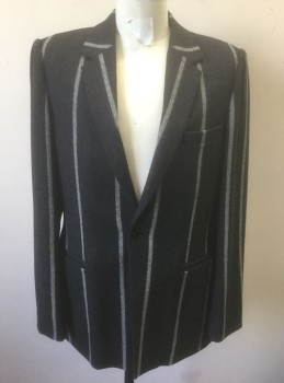 Mens, Sportcoat/Blazer, MNW, Charcoal Gray, Lt Gray, Wool, Stripes - Vertical , 41R, "M", Single Breasted, Notched Lapel, 1 Button, 3 Pockets, Solid Black Lining