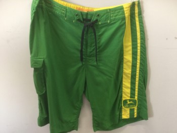 Mens, Swim Trunks, PAUL FRANK, Kelly Green, Yellow, Nylon, Solid, Stripes - Vertical , Large, 34, Velcro and Lacing, 2 Stripes on Left Side with "John Deere" Patch