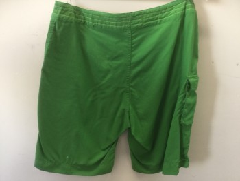 Mens, Swim Trunks, PAUL FRANK, Kelly Green, Yellow, Nylon, Solid, Stripes - Vertical , Large, 34, Velcro and Lacing, 2 Stripes on Left Side with "John Deere" Patch