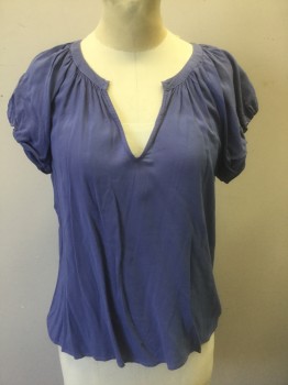 Womens, Top, VELVET, Periwinkle Blue, Viscose, Solid, XS, Bubble Cap Sleeves, Round Neck with V Notch at Center, Gathered at Neckline