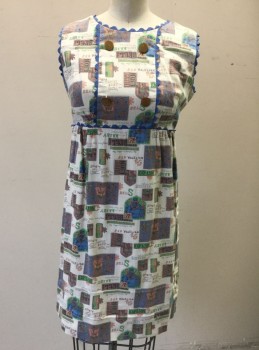 N/L, Multi-color, Off White, French Blue, Green, Taupe, Cotton, Abstract , Text, Off White with French Blue/Taupe/Green/Peach Rectangles with Various Text, Swirled Art Nouveau Illustration, Ribbed Texture, Sleeveless, French Blue Ric Rac Trim, 4 Brown Decorative Buttons at Chest, Empire Waist, Round Neck, Hem Mini,  Late 1960's