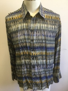 HAUPT, Gray, Black, Taupe, Yellow, Periwinkle Blue, Viscose, Abstract , Rectangles/Brushstrokes Pattern, Long Sleeve Button Front, Collar Attached, Multiples,