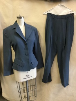 Womens, Suit, Jacket, BEBE, Steel Blue, Wool, Solid, 2P, Jacket:  Steel Blue with Steel Blue Lining, Notched Lapel, Single Breasted, 4 Cover Button Front, Long Sleeves, 2 Pockets with Flap, with Matching Pants