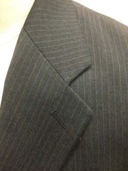 RALPH LAUREN , Charcoal Gray, Lt Blue, Lt Gray, Wool, Cashmere, Stripes - Pin, Charcoal with Light Blue and Light Gray Pinstripes, Single Breasted, Notched Lapel, 2 Buttons, 3 Pockets, Solid Black Lining