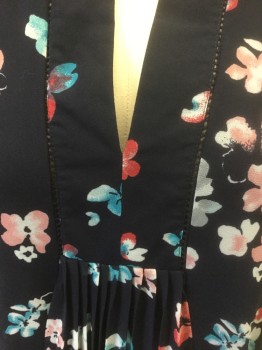 Womens, Dress, Sleeveless, DR2, Navy Blue, Lt Pink, White, Turquoise Blue, Cherry Red, Polyester, Floral, Abstract , M, Navy with Multicolor Cherry Blossom Chiffon, Sleeveless, Scoop Neck with V Notch at Center Front, Pleated at Center Front Empire Waist, Shift Dress, Hem Above Knee