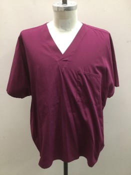 CHEROKEE, Wine Red, Poly/Cotton, Solid, V Neck, Short Sleeves, 1 Pocket, Multiples