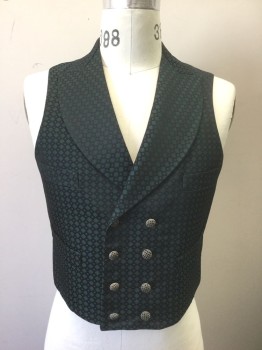 Mens, Historical Fiction Vest, N/L MTO, Black, Dk Green, Silk, Diamonds, 38, Black with Dark Green Diamonds Pattern Brocade, Double Breasted, Curved/Rounded Peaked Lapel, Silver Buttons, 4 Welt Pockets, Solid Black Satin Lining and Back, Belted Back, Made To Order Reproduction