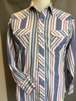 Mens, Western, WRANGLER, Steel Blue, Lt Gray, Khaki Brown, Brick Red, Lavender Purple, Cotton, Polyester, Stripes - Vertical , Stripes - Diagonal , L, Collar Attached, Pearly Light Gray with Silver Trim Snap Front, Yoke Front & Back, 2 Pockets with Flap,  Long Sleeves, Curved Hem