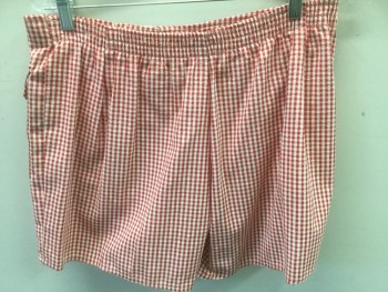 Mens, 1960s Vintage, P2, JOHN WEITZ, Red, White, Polyester, Cotton, Gingham, W32, Shorts, 2 Snap Front, 2 Pockets, Elastic Waist Back,