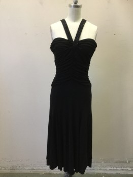 ARMANI, Black, Viscose, Elastane, Solid, Horizontal Draped From Sides Toward Center Front, Side Zip, Beaded V Strap Crossed in Back, Gored Skirt, U Shape Open Back with Beaded Knot