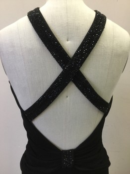 ARMANI, Black, Viscose, Elastane, Solid, Horizontal Draped From Sides Toward Center Front, Side Zip, Beaded V Strap Crossed in Back, Gored Skirt, U Shape Open Back with Beaded Knot