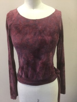 WET SEAL, Dusty Purple, Lilac Purple, Mauve Pink, Polyester, Spandex, Floral, Mottled Dye with Dusty Purple Burnout Velvet Swirled Vines and Flowers, Long Raglan Sleeves,  Scoop Neck, Pullover Top with 2" Wide Self Waistband with Ties at Side,