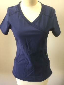 INFINITY, Midnight Blue, Polyester, Spandex, Solid, Feminine Cut, Stretchy Material, Short Sleeves, Crossover V-neck, 4 Total Pockets at Side Hips, Curved Body Skimming Seams, **Barcode Near Side Hem Right Side