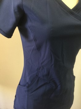INFINITY, Midnight Blue, Polyester, Spandex, Solid, Feminine Cut, Stretchy Material, Short Sleeves, Crossover V-neck, 4 Total Pockets at Side Hips, Curved Body Skimming Seams, **Barcode Near Side Hem Right Side
